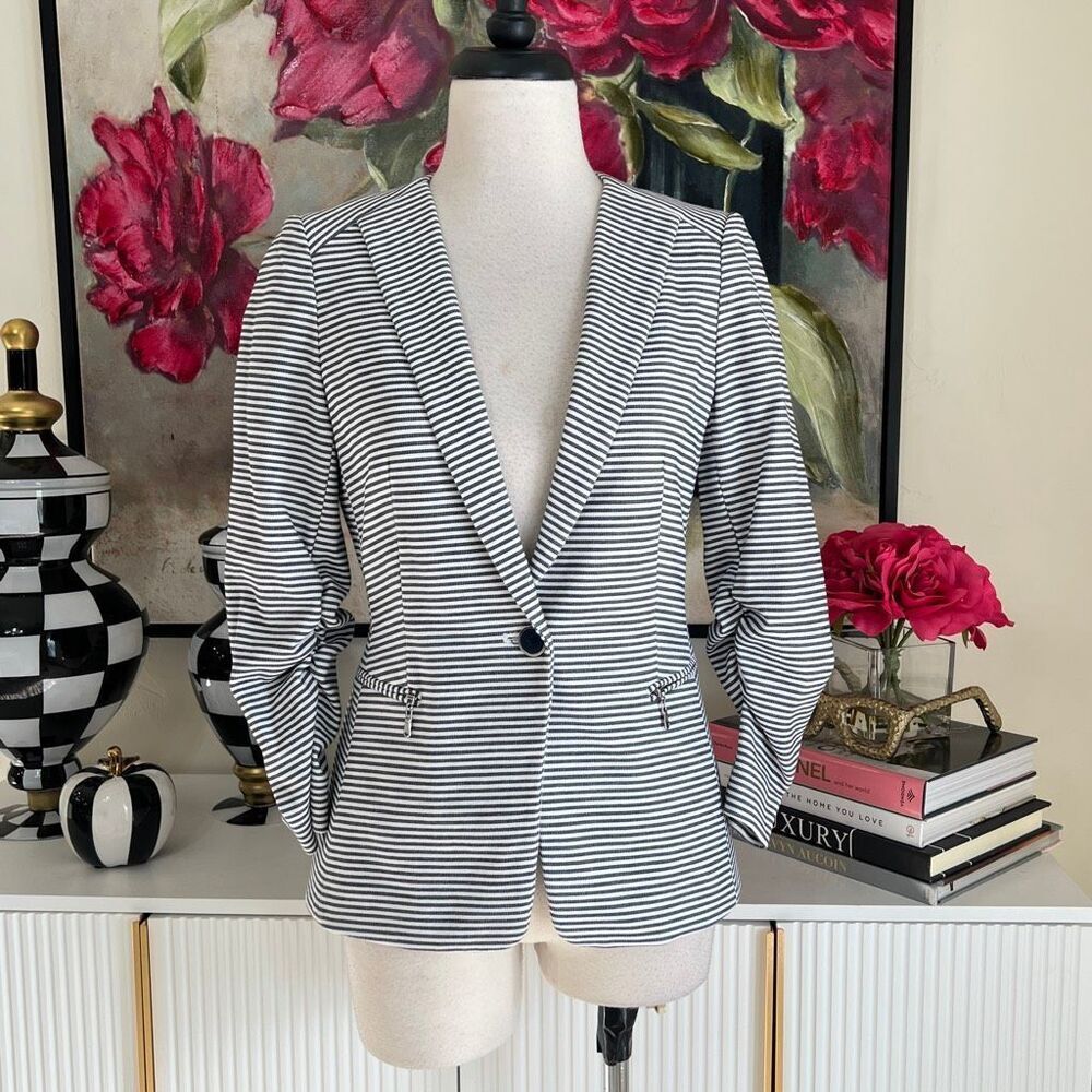 Antonio Melani Women's Striped Ruched Sleeve One-Button Blazer Navy White Size 2